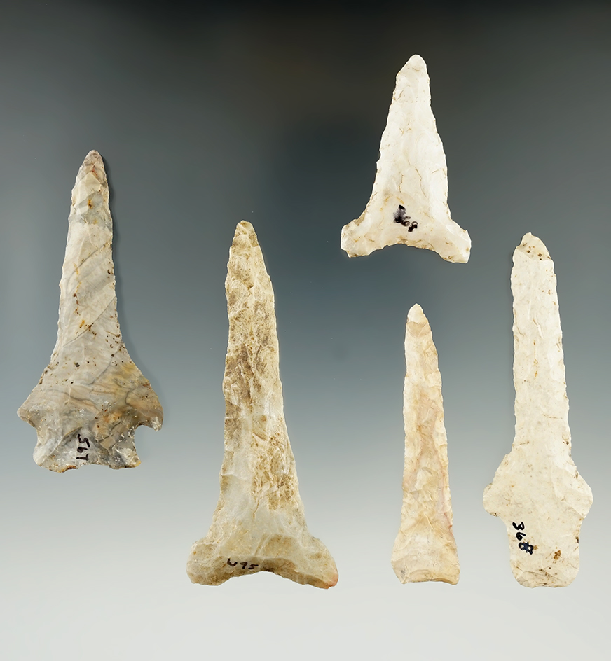 Group of five nice Flint Drills found in Missouri, largest is 3 1/8".
