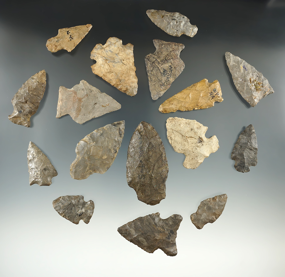 Group of 16 assorted arrowheads found in New York, two are restored. Largest is 2 5/16".