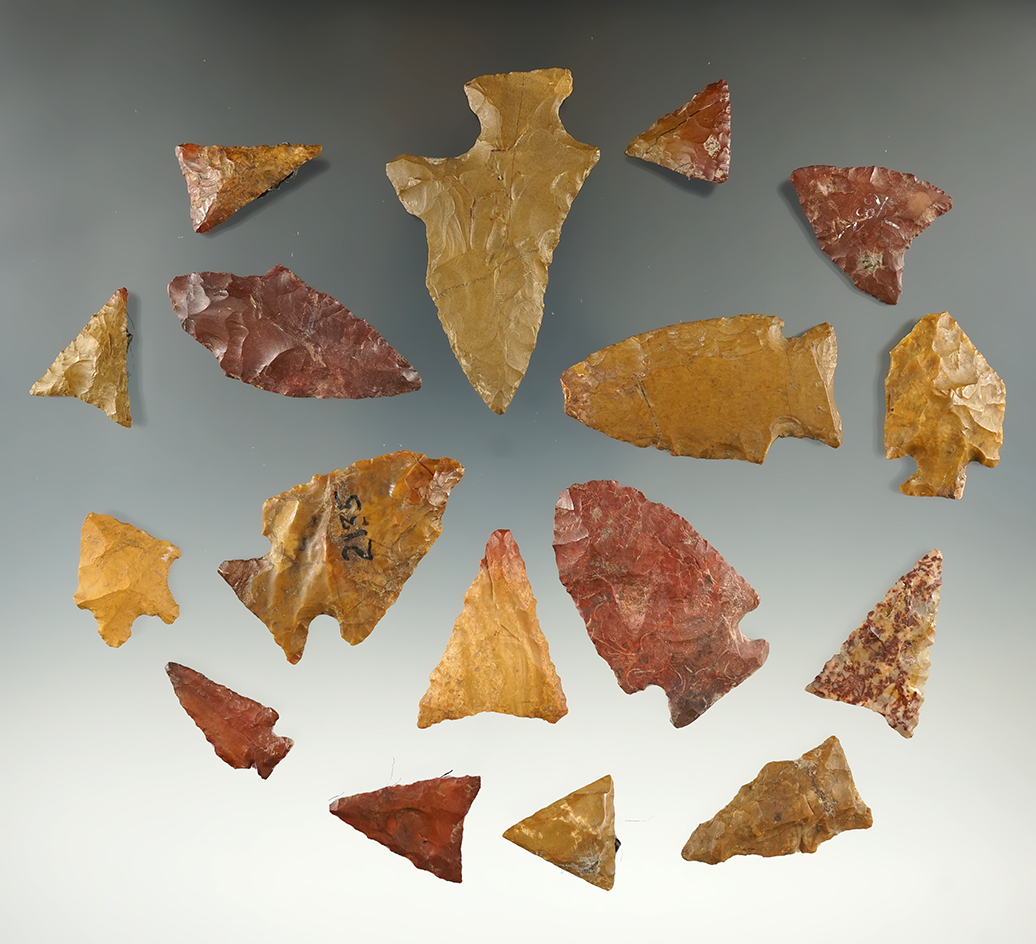 Set of 17 Jasper arrowheads found in New York, four have minor restoration. Largest is 2 3/8".