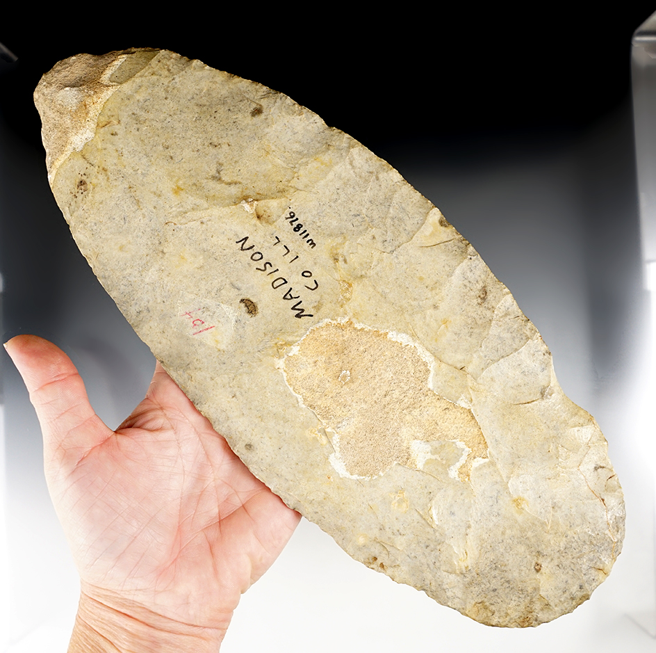 Large 11 1/4" Flint Spade with nice use polish. Made from Millcreek Chert. Madison Co., Illinois.