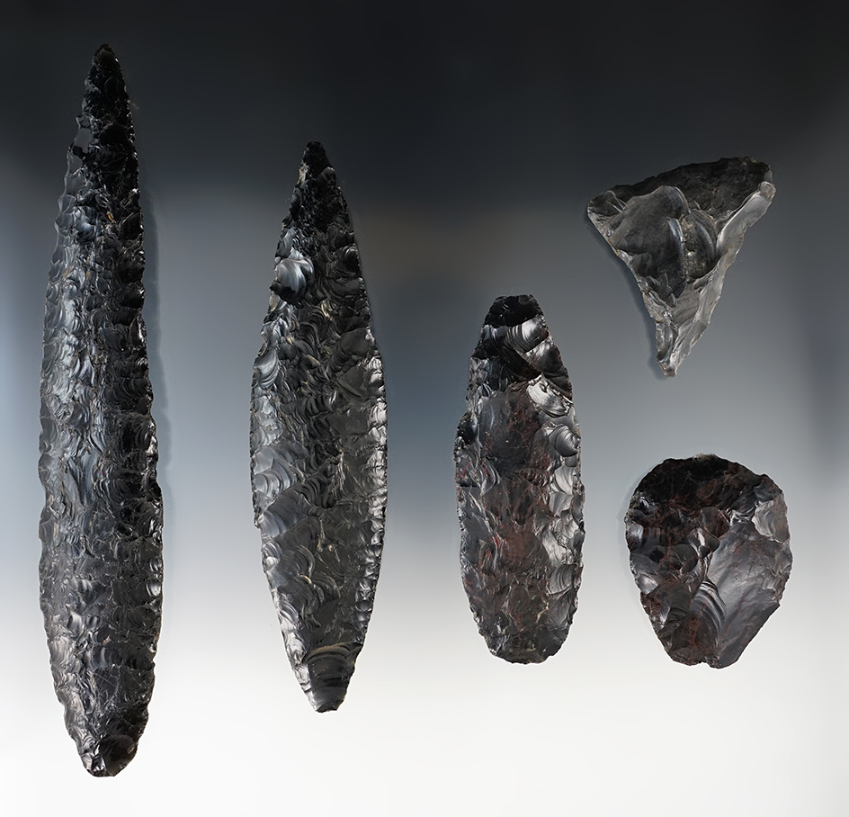 Group of 5 Obsidian artifacts found in Mexico, including a very large 8 5/8" Blade.