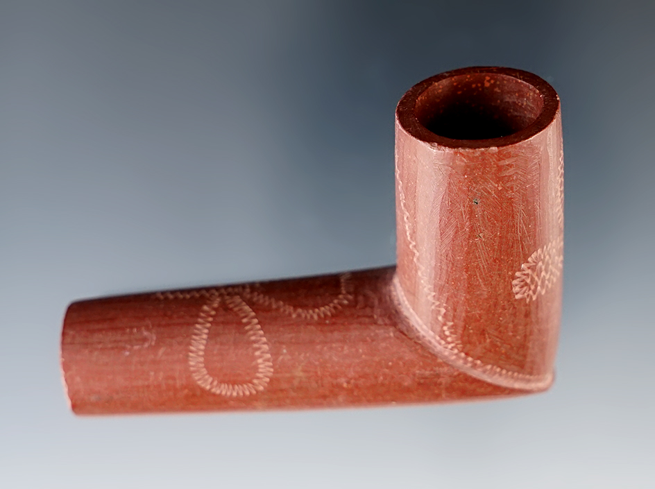 Early 1900's 2 5/8" Catlinite pipe with nice incised design. In excellent condition.