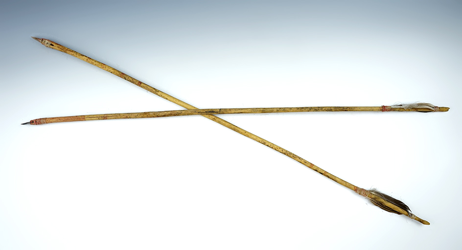 Pair of 22 1/4" long original arrows with Flint tips from the Southwestern U. S. Original feathers.