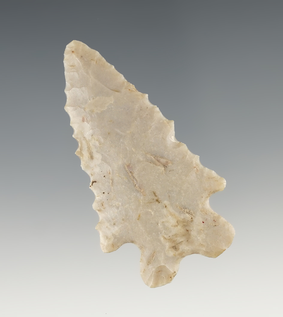 2 3/4" Flint Ridge Flint Bifurcate with nice serrations. Found in Randolph Co., Indiana.