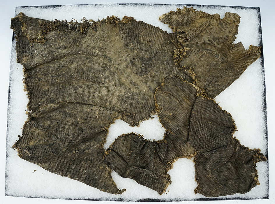 12" x 18" Framed section of ancient woven cloth.