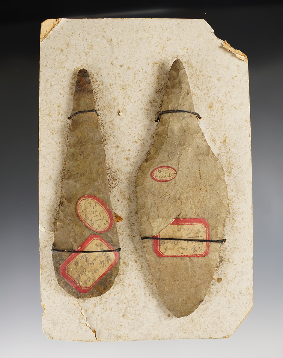 Pair of nice artifacts still attached to original cardboard. Found in Ohio. Largest is 5 1/16".