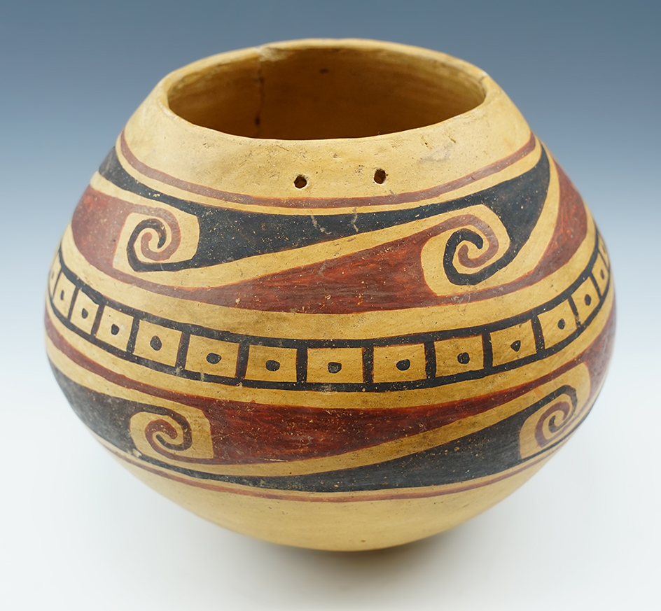 7" Tall x 8 1/2" wide nicely painted pottery Southwestern vessel. Several large pieces glued back.