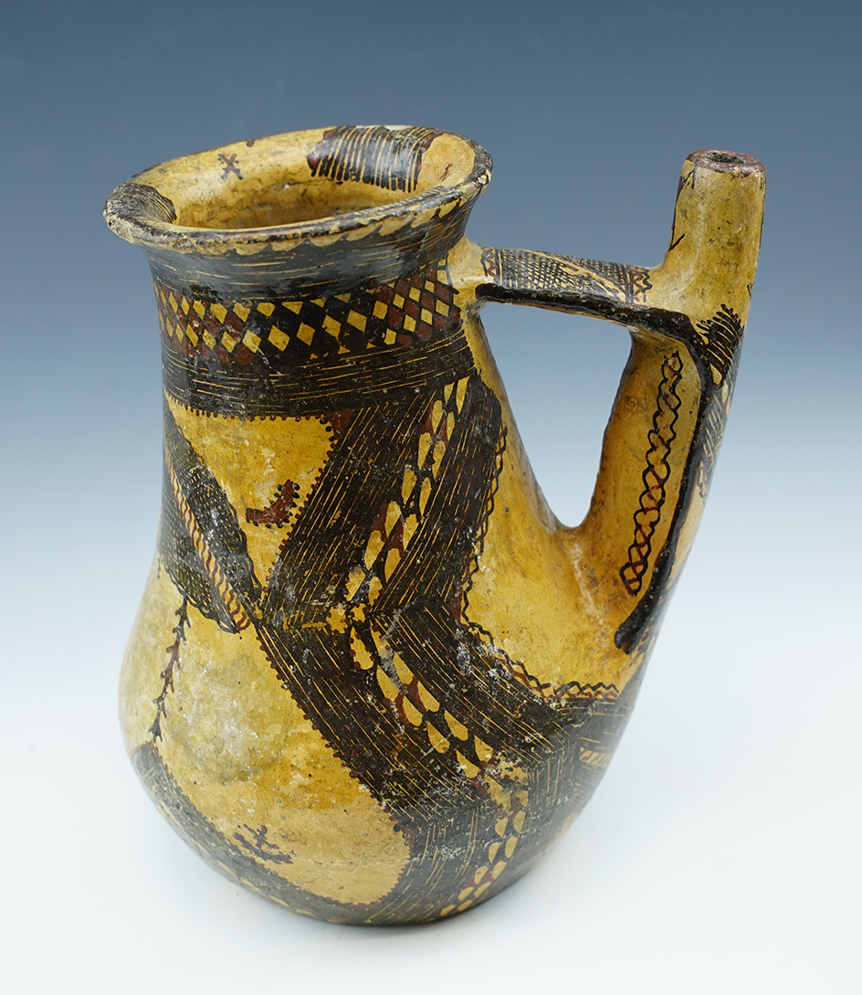 9" Tall Berber painted pottery pitcher from Morocco.