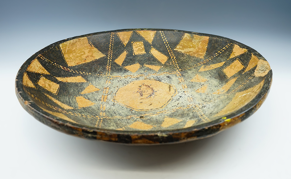Large 16" wide Berber pottery tray from Morocco. A couple chips to rim.