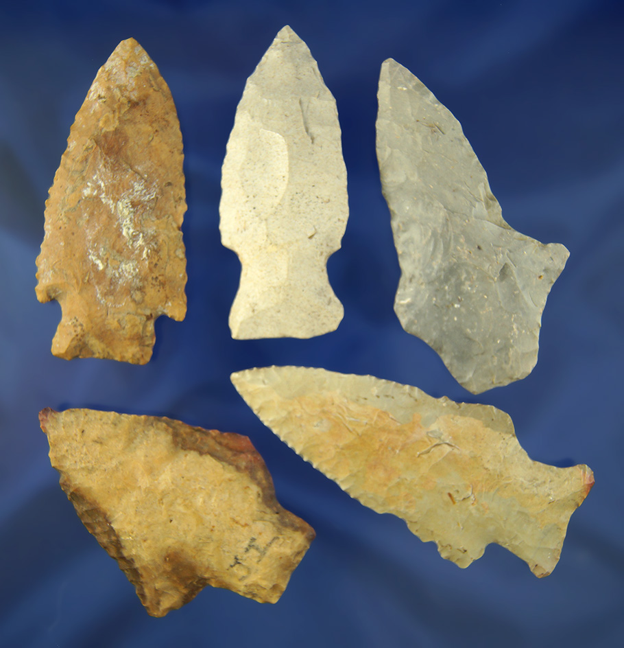 Set of five assorted Missouri Arrowheads, largest is 3 1/8".