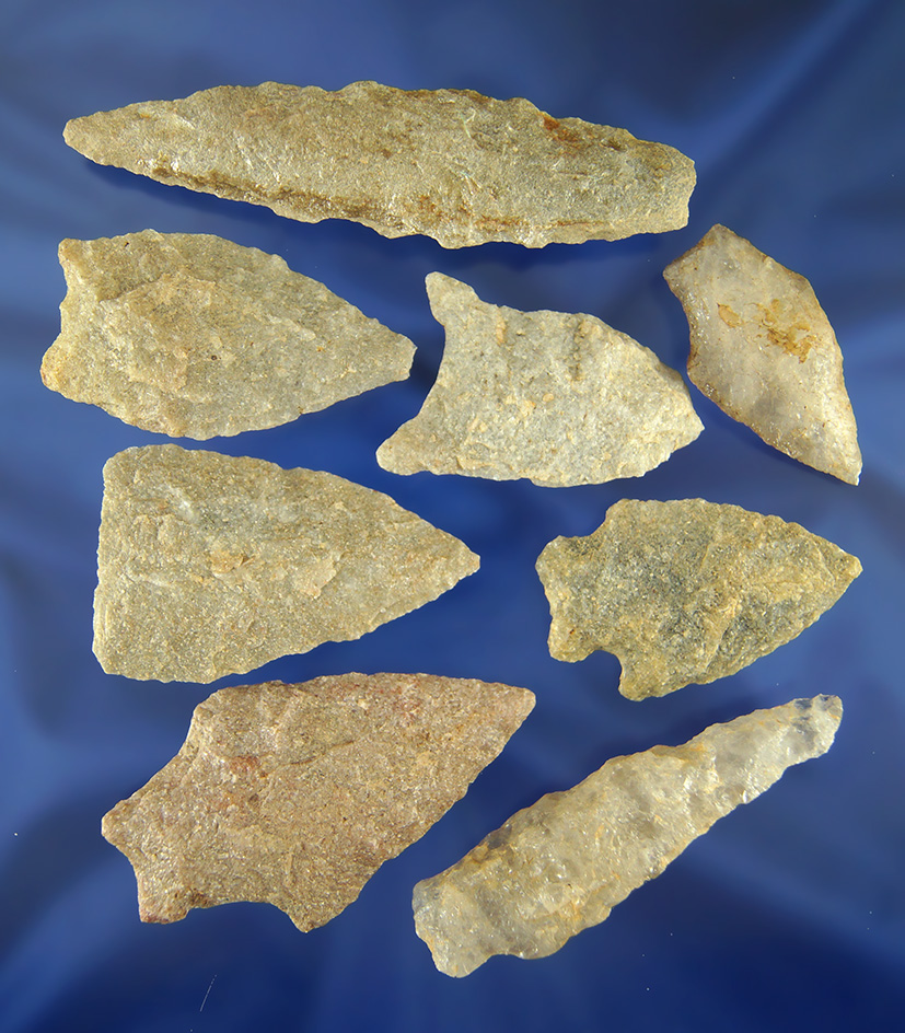Group of Eight assorted Arrowheads found in North Carolina and Virginia, largest is 3 1/2".