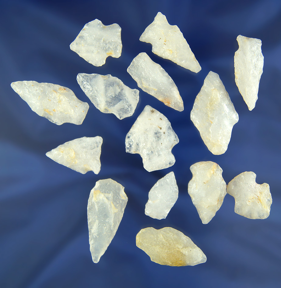 Set of 14 assorted Quartz Arrowheads found in Virginia, largest is 1 9/16".