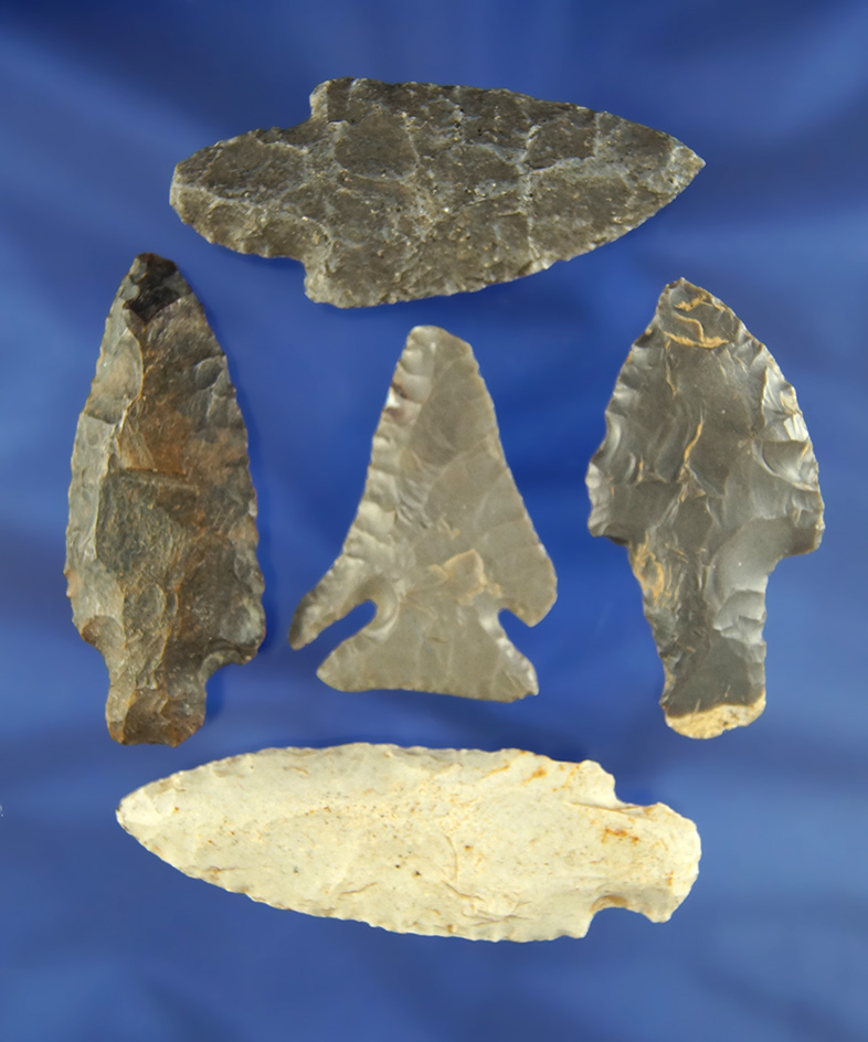Set of five assorted Arrowheads found in Orange Co.,  Indiana, largest is 2 5/8".
