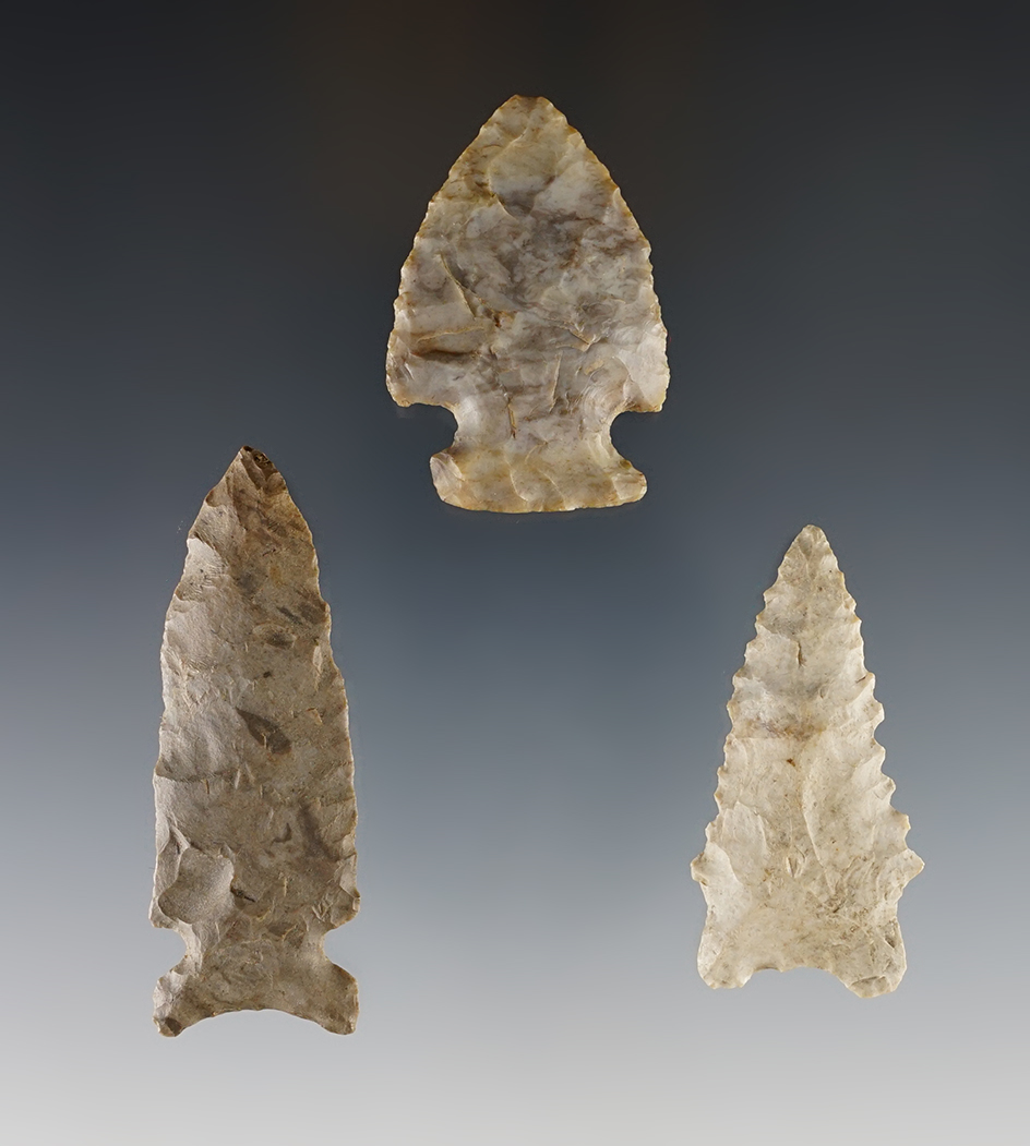 Set of 3 nicely made points.  Madison Co., Ohio and Stewart Co., Tennessee. Largest is 2 5/16".