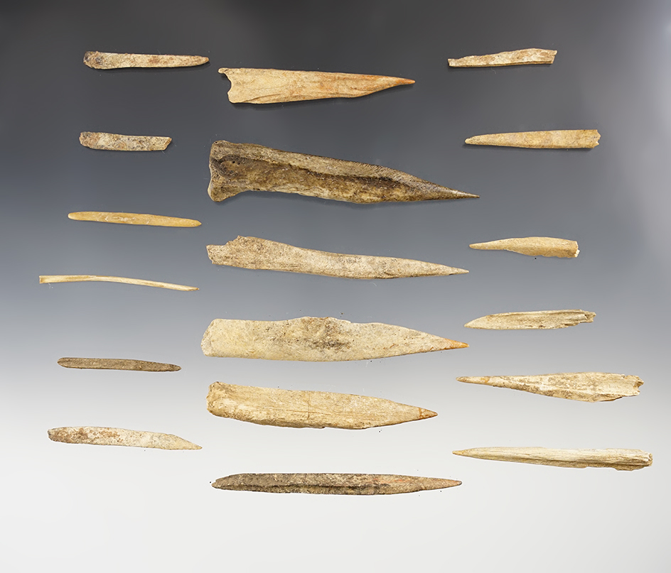 Set of 17 Kentucky Bone Awls. The largest is 3 3/4".