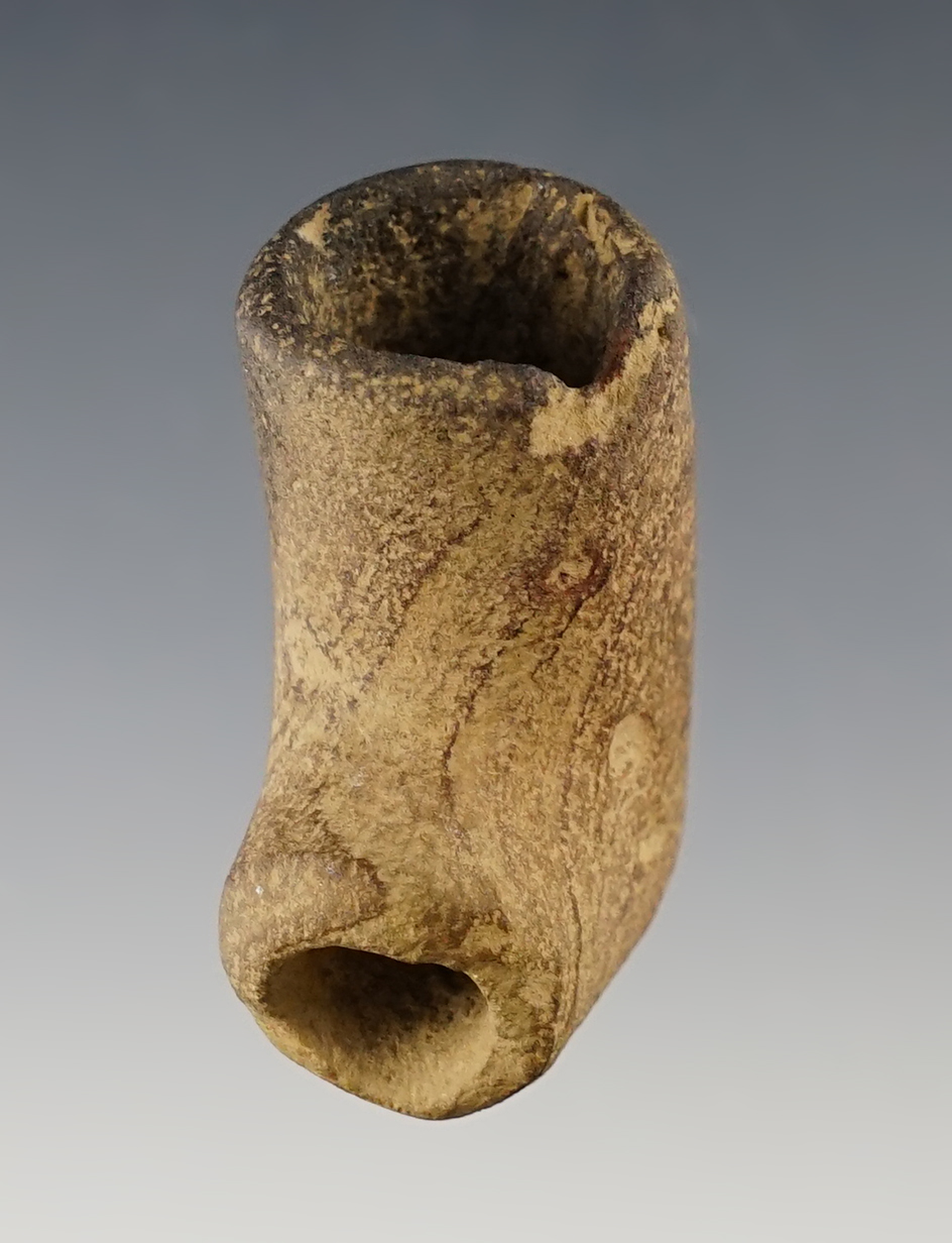 1 5/8" tall by 1 3/8" Sandstone Elbow Pipe recovered at the Fox Field site, Mason Co., Kentucky.