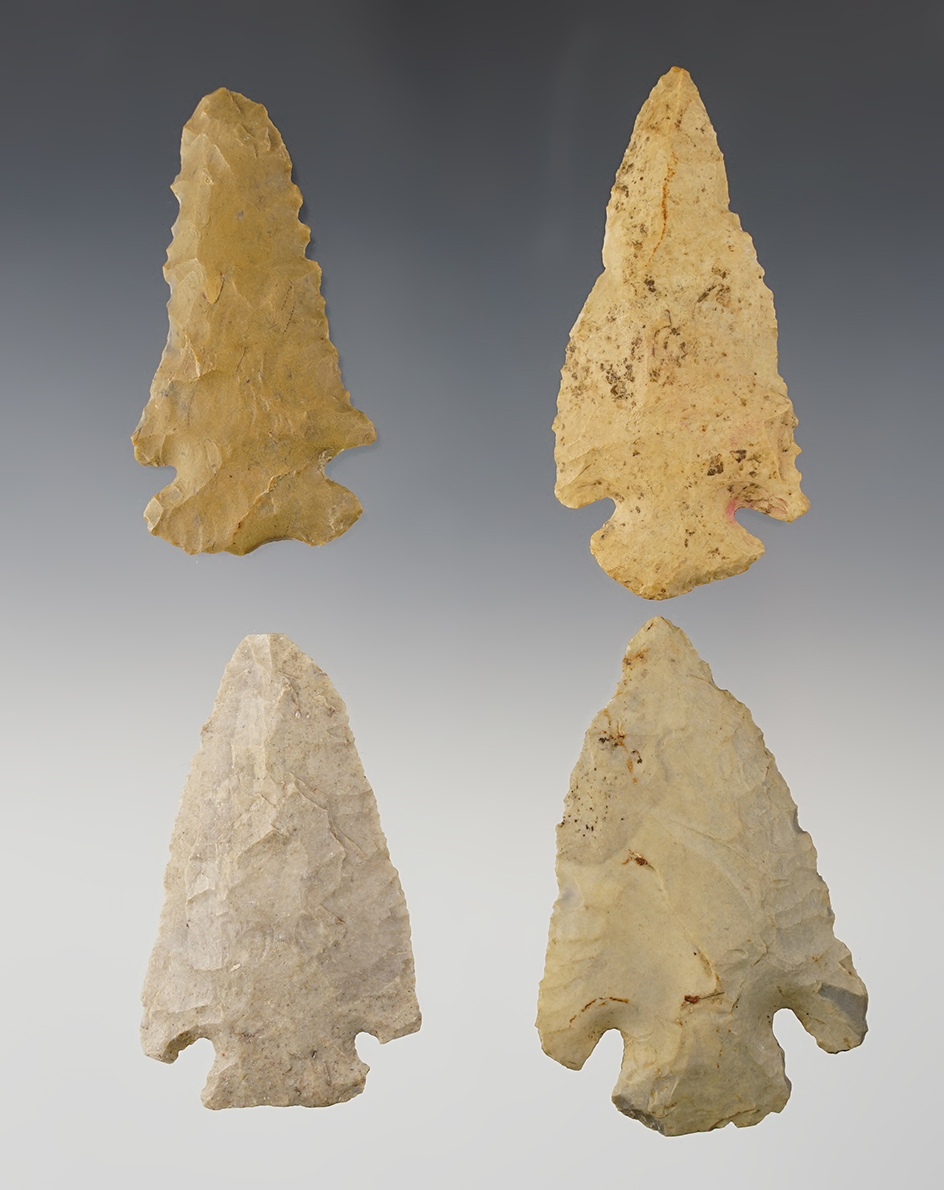 Set of 4 Archaic Points - Wabash Co., Illinois. Ex. Clark Family collection. The largest is 2 13/16".