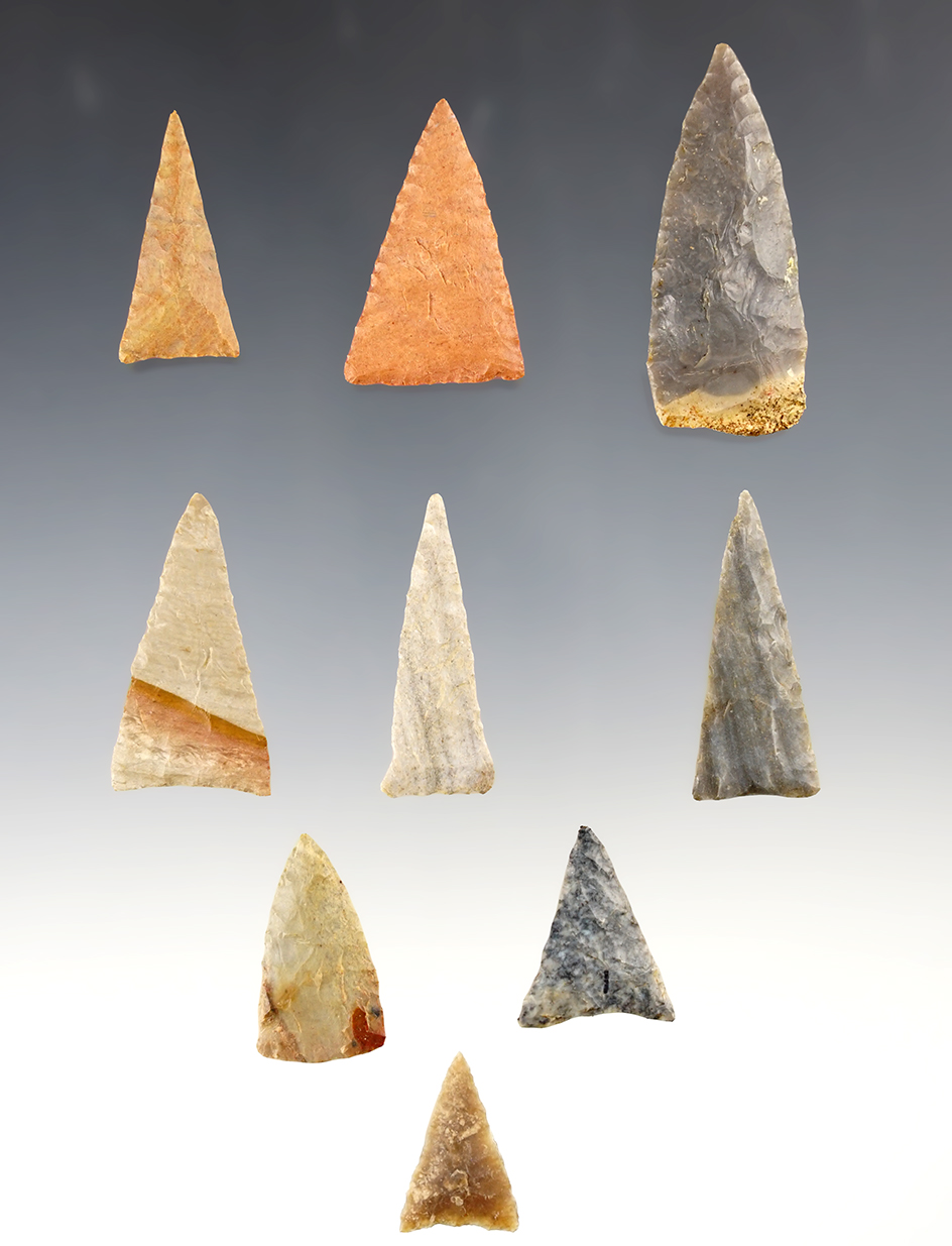 Set of 9 nice Triangle Points found in the Kentucky/Tennessee area. The largest is 1 7/8".
