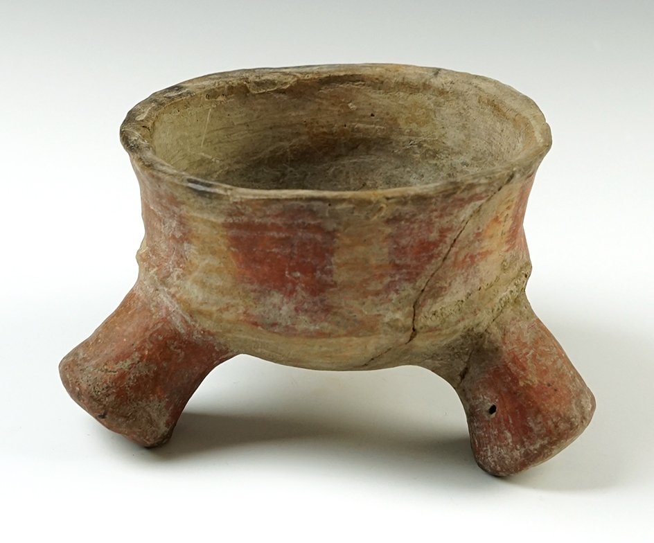 5 1/2" wide x 3" tall Tri-leg Pre-Columbian Pottery Vessel with a couple large reattached pieces. 