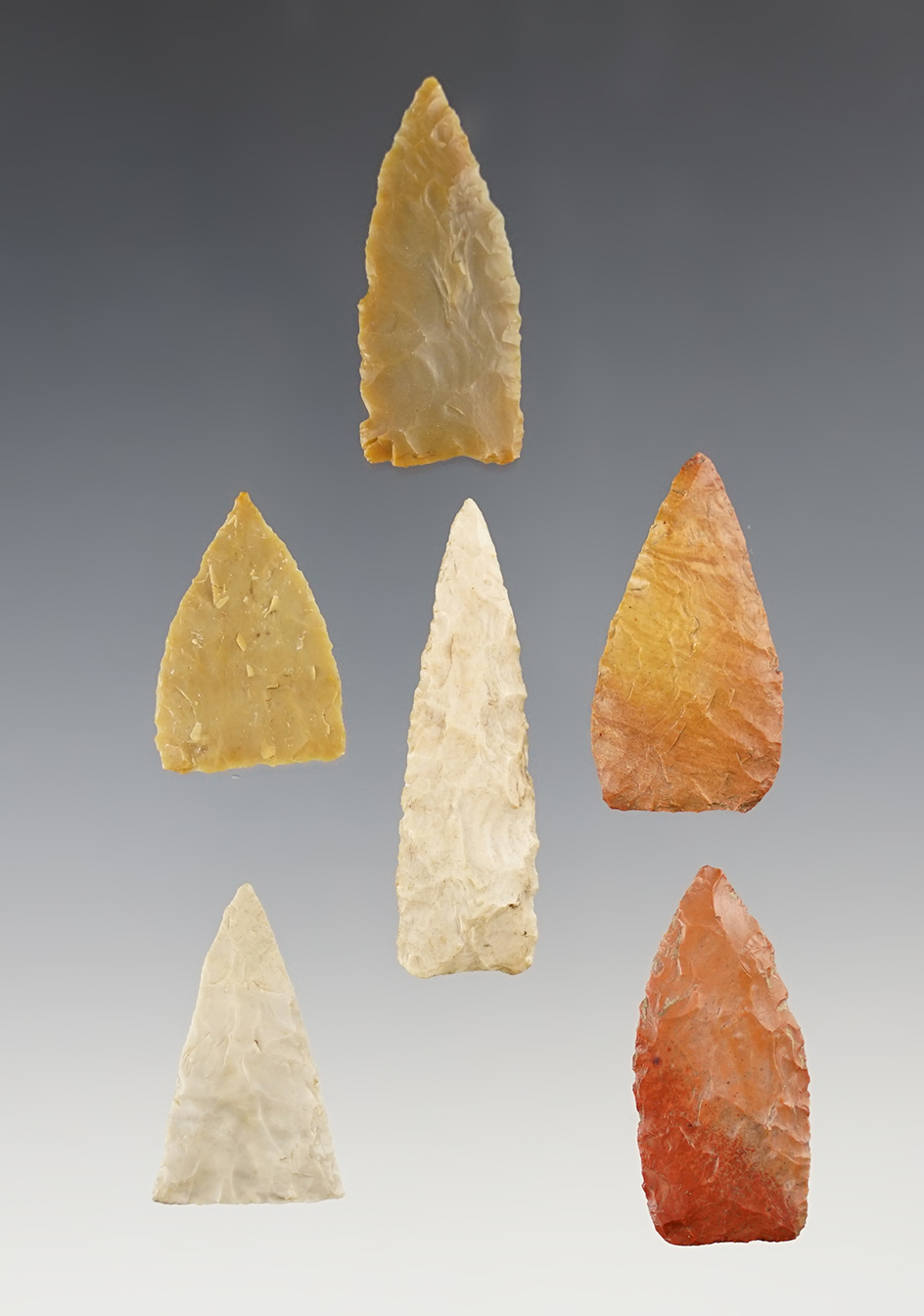 Set of 6 fine Triangle Points found in the Kentucky/Tennessee area. The largest is 1 3/4".