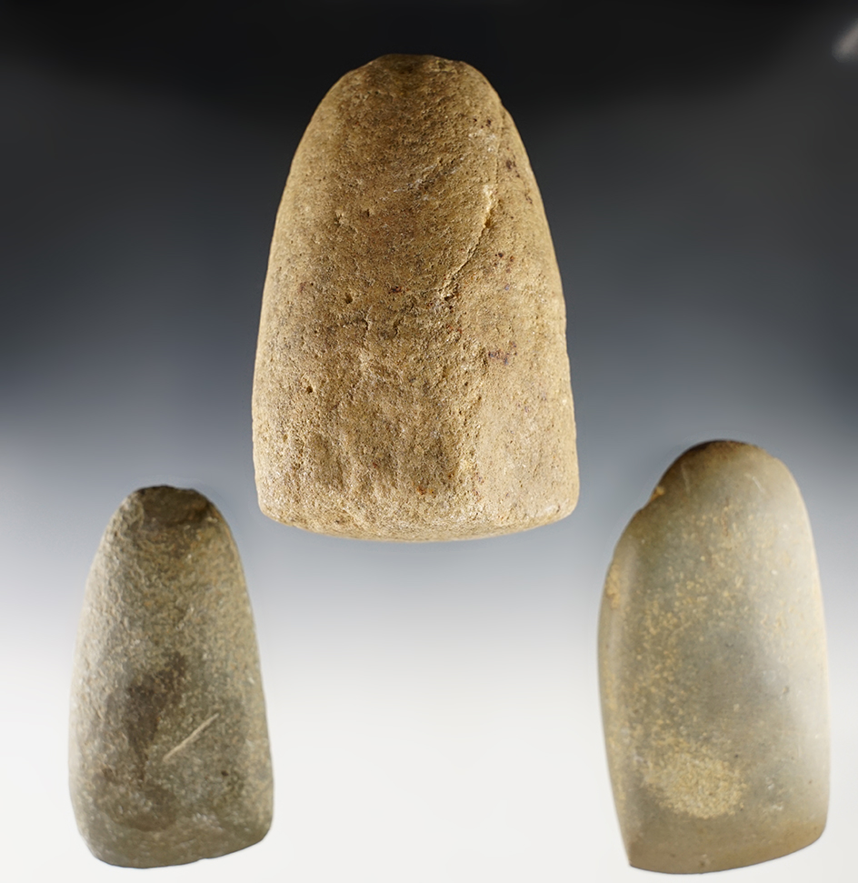 Set of 3 nice Hardstone Tools - Belmont Co., Ohio. Types include 2 Celts and 1 Pestle. 