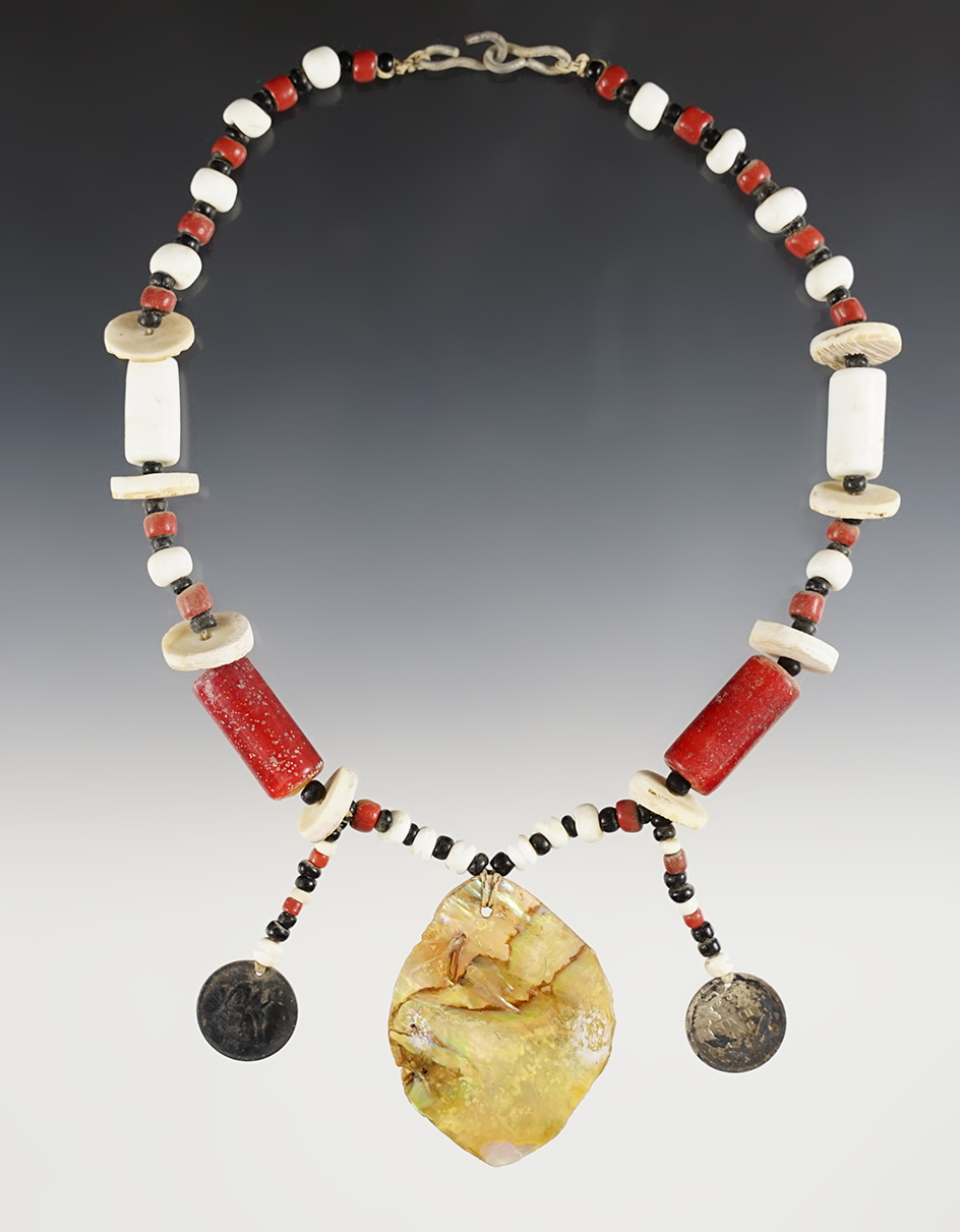 Outstanding 16" strand of beads with a 2" Abalone Shell Pendant found in Calusa Co., California. 