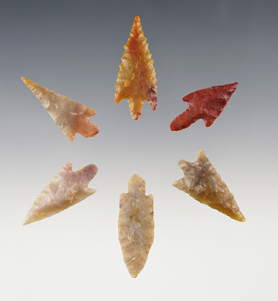 Set of six higher grade African Neolithic Arrowheads - Sahara region. Largest is 1 9/16".