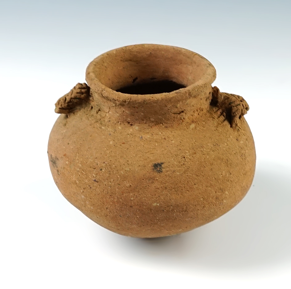 4 1/4" wide x 3 3/4" tall Pre-Columbian Pottery Vessel with two effigies near rim. Mesoamerica.