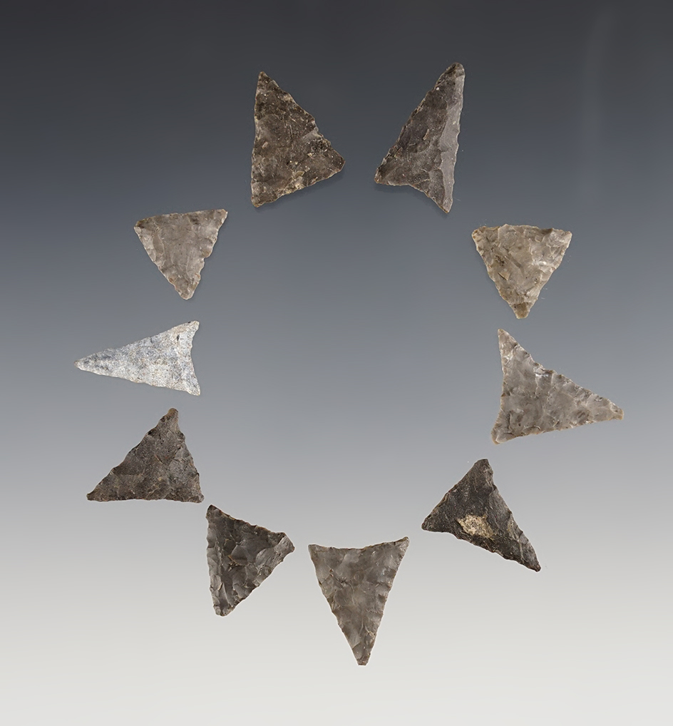 Set of 10 Triangle points found at Genoa Ft, Cayuga Co., New York. The largest is 1".