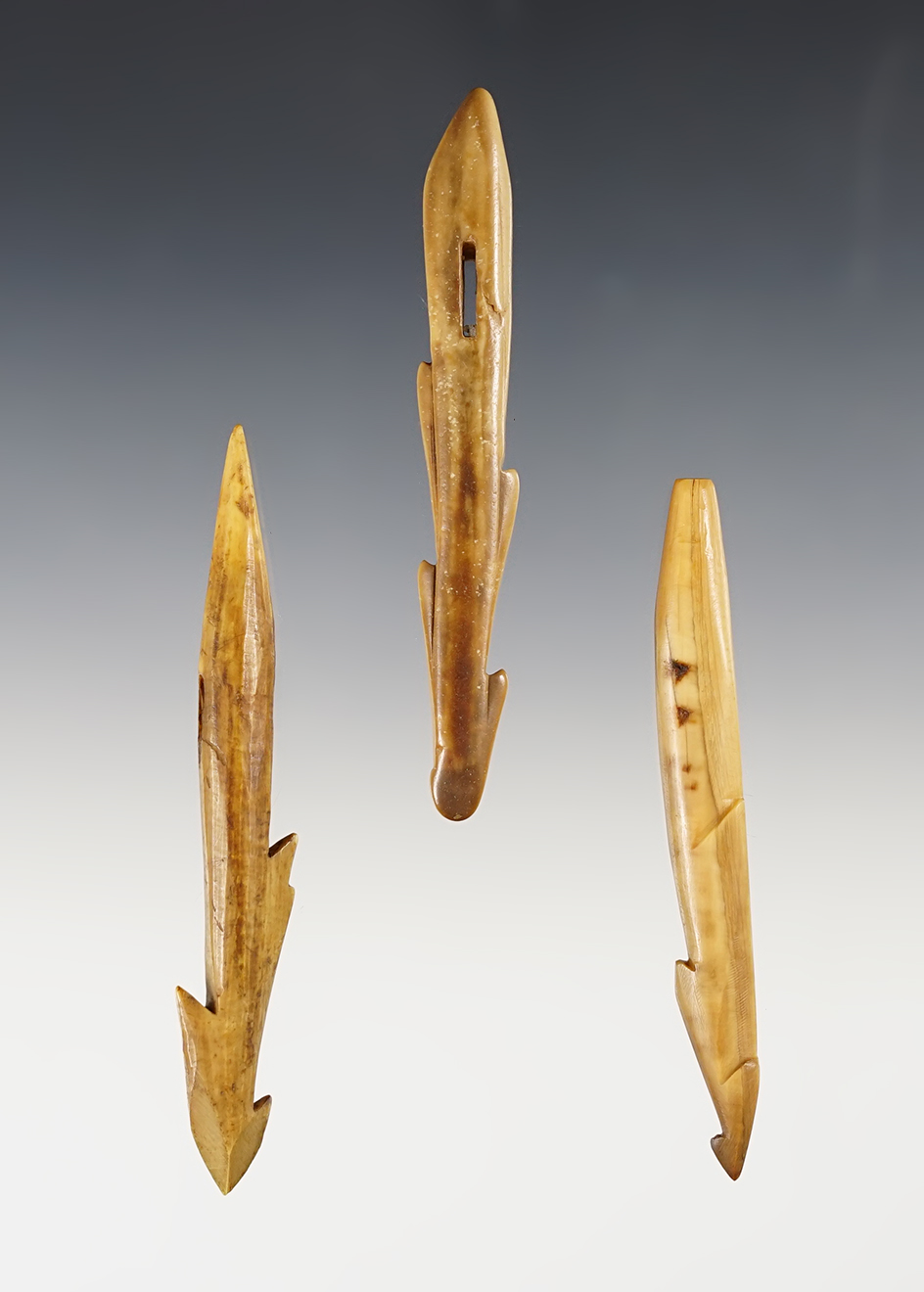 Set of 3 Bone Harpoon Toggles found in Alaska. The largest is 3 13/16".