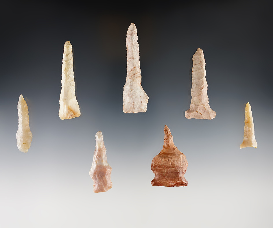 Set of 7 Flint Drills found in the Midwestern U.S. The largest is 2 3/4".