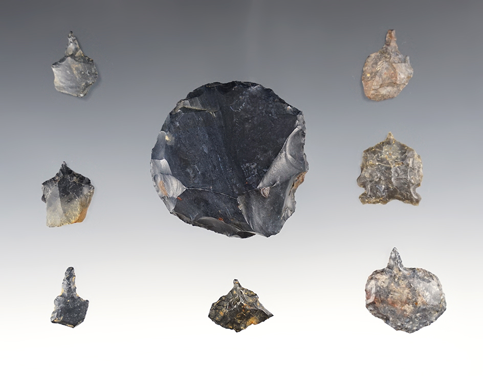 Set of 7 miniature Awls and one Scraper found in Ohio. The largest is 2 1/8".