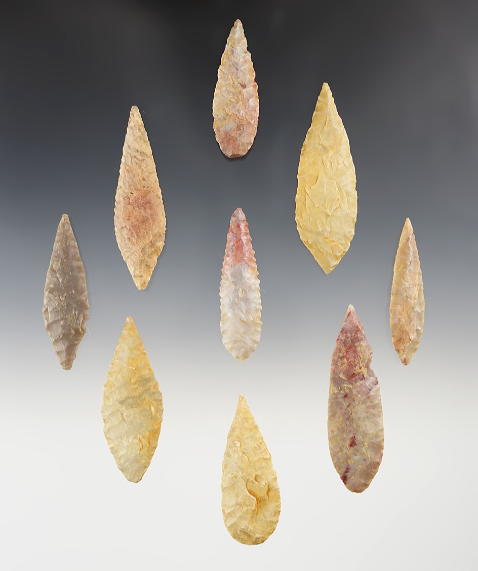 Set of 9 nice African Neolithic Will Leaf Points. The largest is 2 13/16".