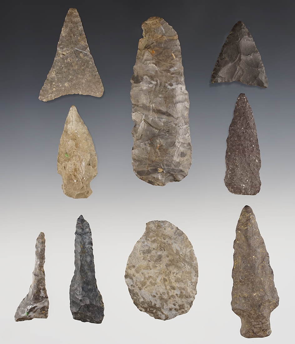 Set of 9 points and knives found close to Lamoka Lake, Schuyler Co., New York. Largest is 3 1/2".