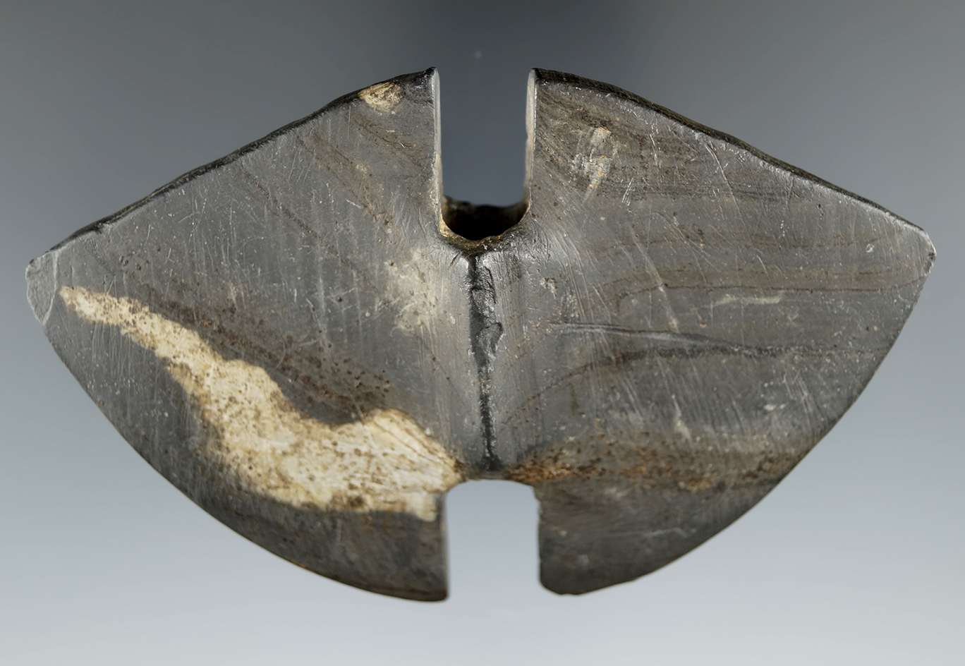 4 1/4" Archaic Double Notch Butterfly Bannerstone made from Banded Slate. Found in Ohio.