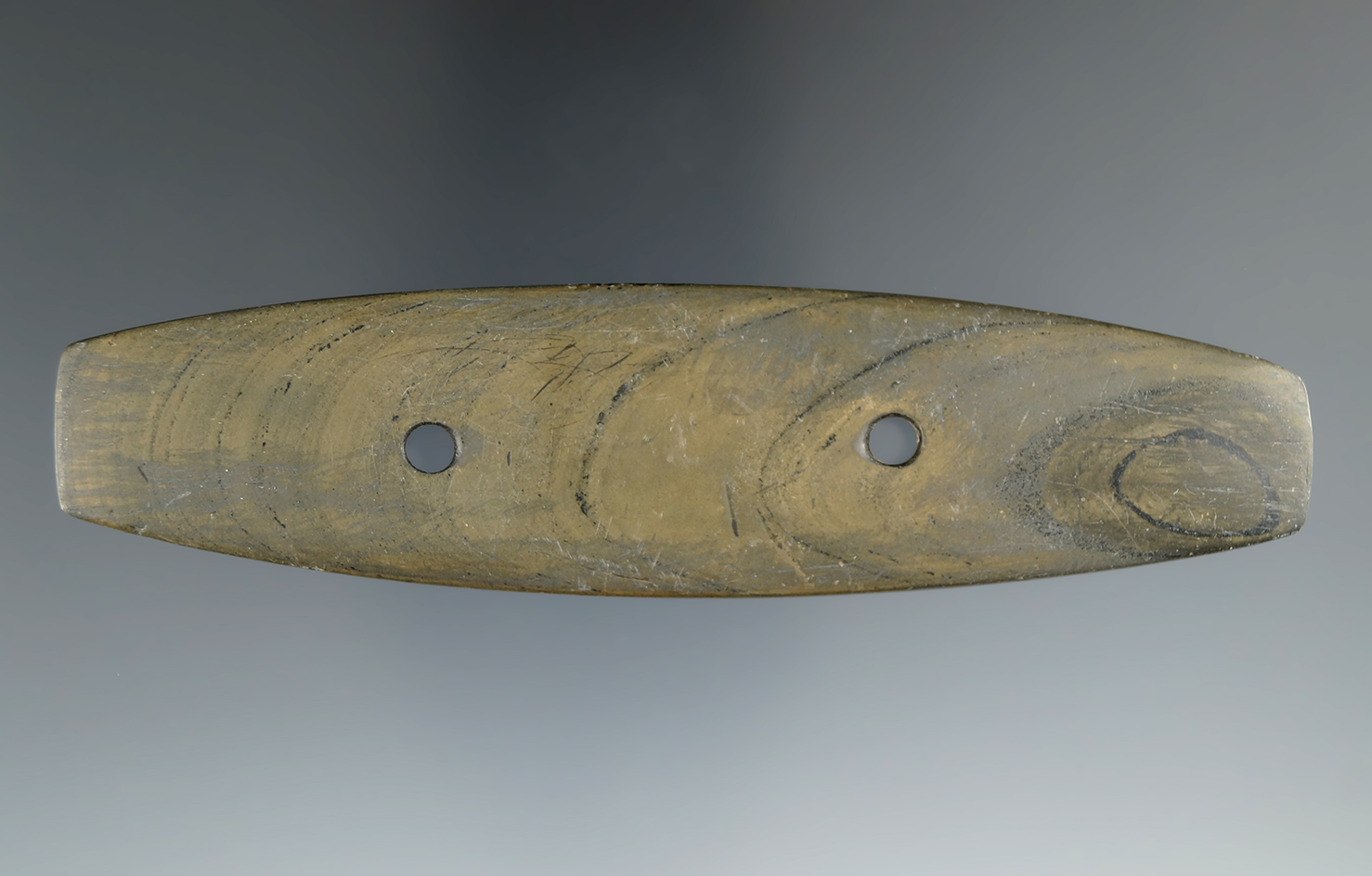 4 9/16" Glacial Kame Bar Gorget found in Northeast Indiana. Ex. Munger, Jim Gonyer (9/JG).