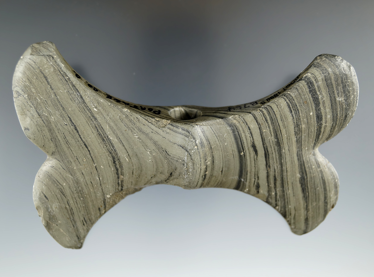 4 7/8" Archaic Double Crescent Bannerstone, no restoration. Found in Portage Co., Ohio.