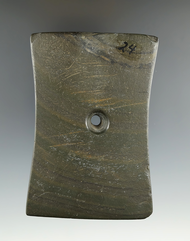 3 3/4" Adena Bi-Concave Pendant made from green and black Banded Slate, Marshall Co., Indiana.