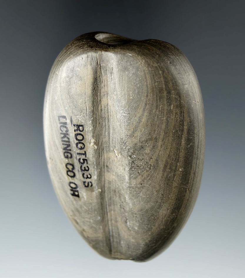 2 3/4" Archaic Elongated Ball Bannerstone found in Licking Co., Ohio. Pictured. Ex. Vietzen.