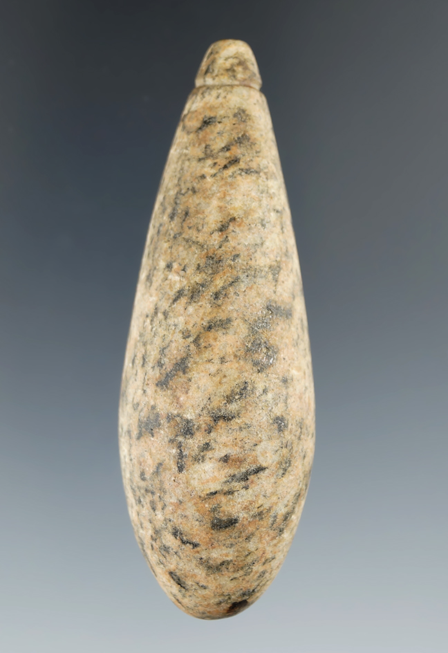 2 7/8" Mississippian Plummet made from black and pink Granite. Ex. Joe Macik (#J/M P1-11).