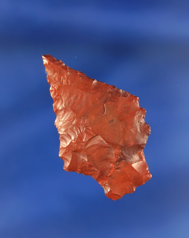 Very unique heavily patinated 1 1/4 inch Jasper Shoulder Notched found in Nevada.