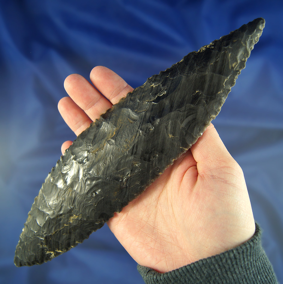Sale Highlight! Exceptionally large 9 1/16" Bi-pointed blade - Obsidian  California.  Perino COA