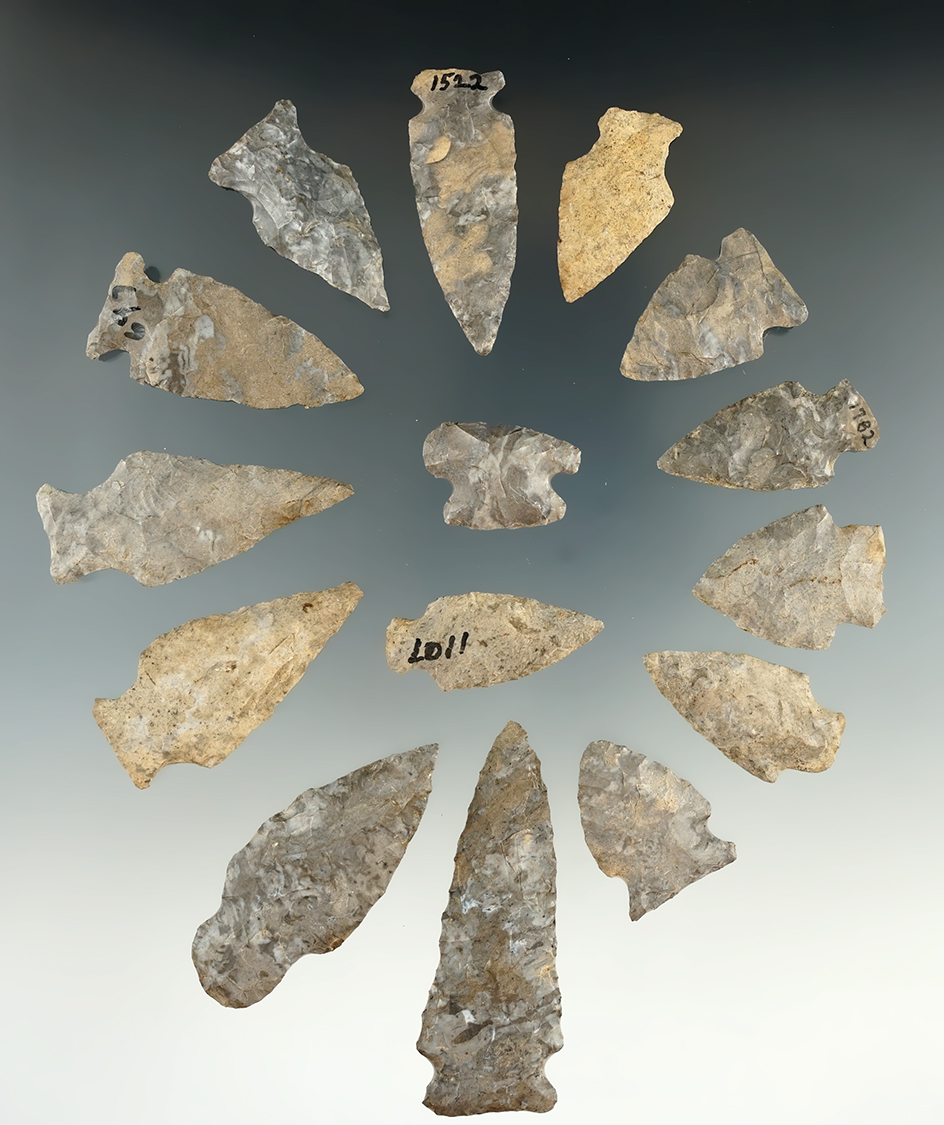 Set of 15 assorted field found artifacts, largest is 2 5/8". All found in Allegheny Co., New York.