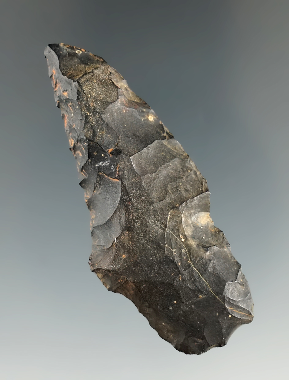 2 9/16" Adena Hafted Shaft Scraper made from Black Zaleski Flint found in Ohio.