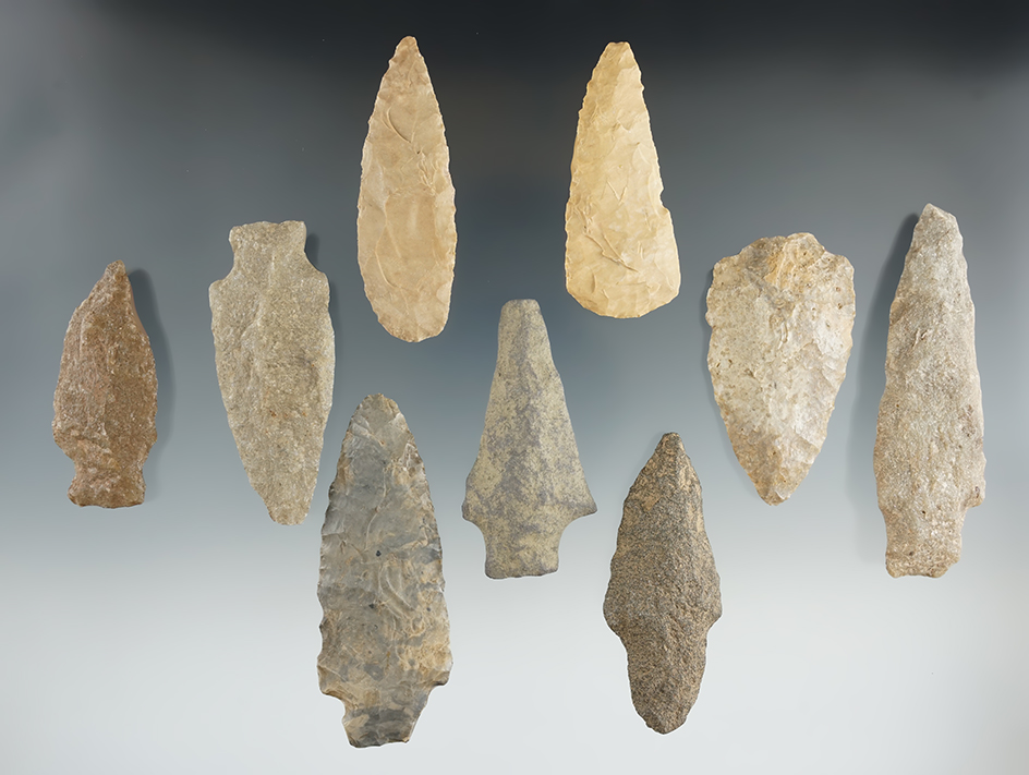 Group of nine assorted Pennsylvania points and Knives, largest is 3 1/4".