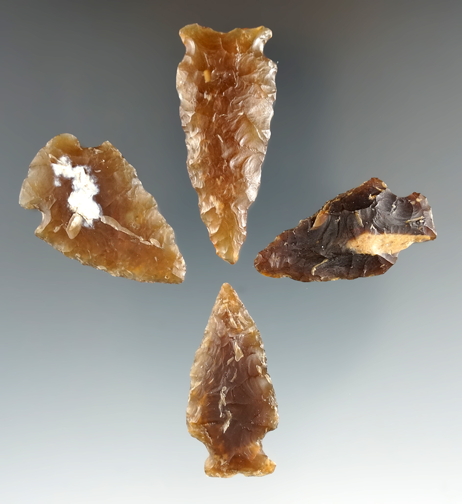 Set of four Knife River Flint arrowheads found in Eastern South Dakota, largest is 1 7/8".