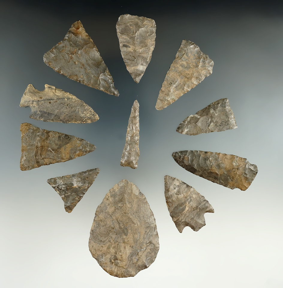 Set of 11 points and Knives found in Allegheny Co., New York, largest is 2 5/8".