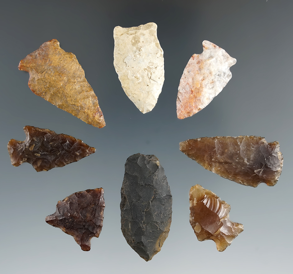 Set of 8  assorted points found in Eastern South Dakota, largest is 1 3/8".