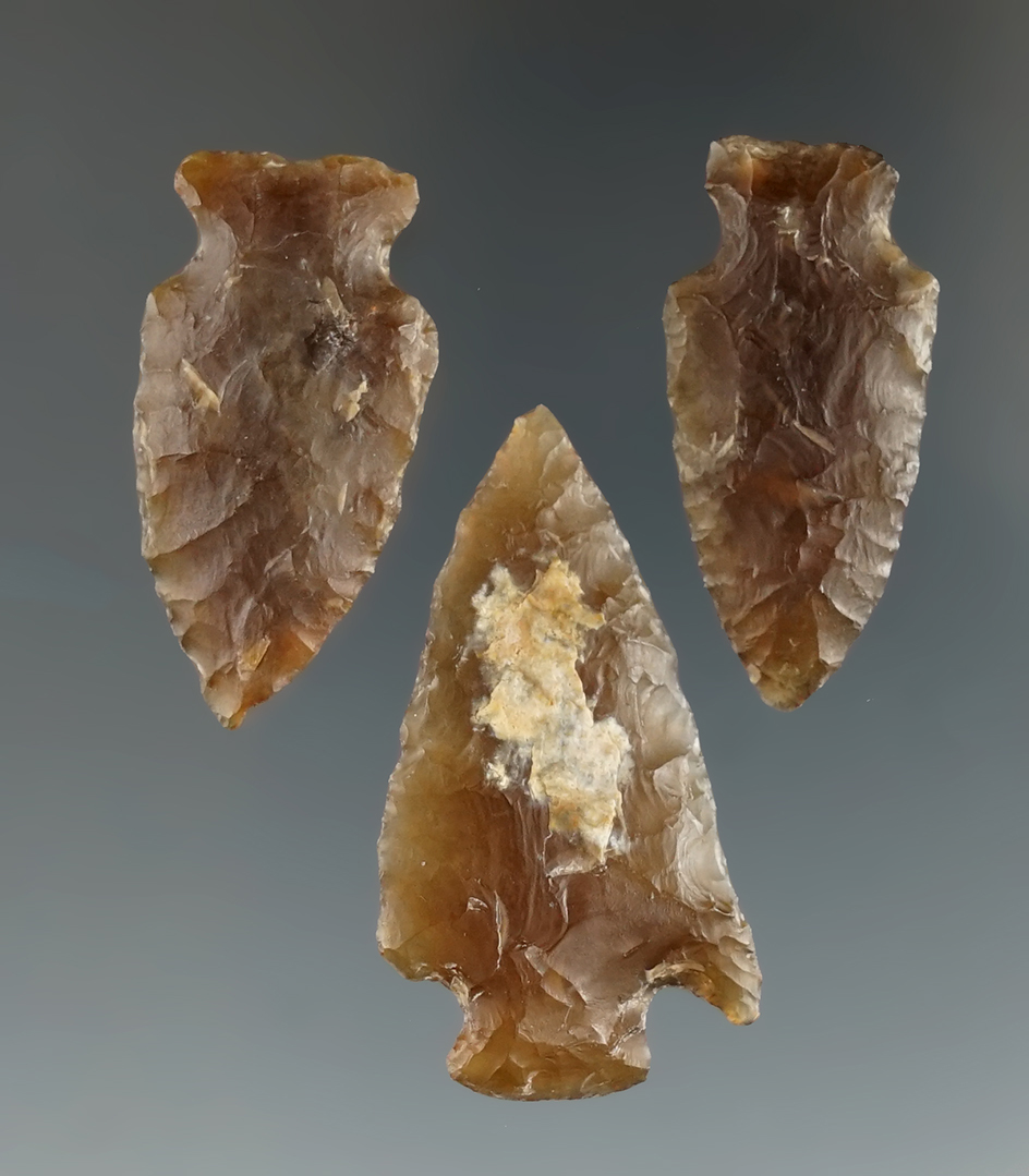 Set of three Knife River Flint arrowheads found in Eastern South Dakota. Largest is 1 7/16".