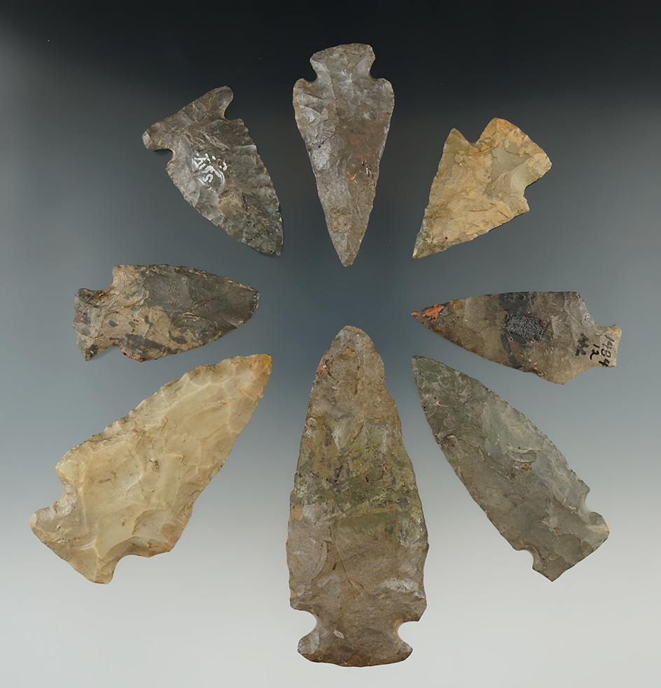 Set of 8 Flint artifacts found in New York, all have some degree of restoration. Largest is 3 7/8".